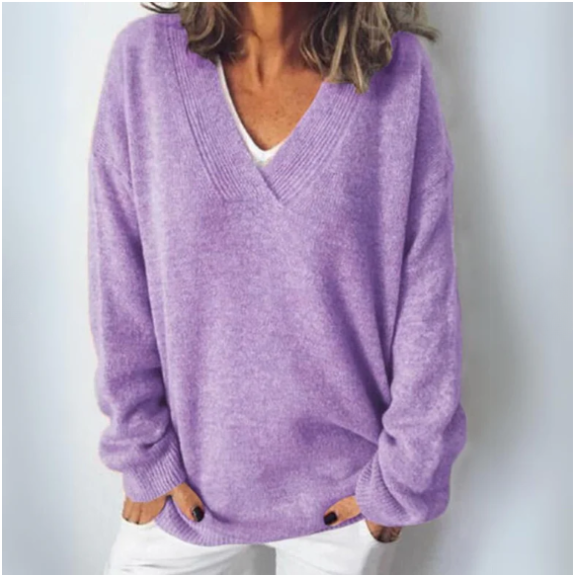 Pull en Maille à Manches Longues et Col en V Pour Femme