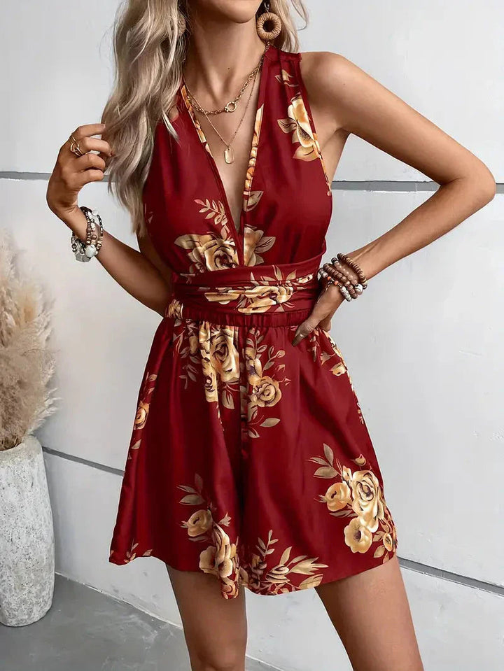 Combishort Fleuri Femme Croisé Été