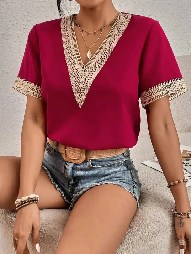 Blouse Col V Manches Courtes Femme Été
