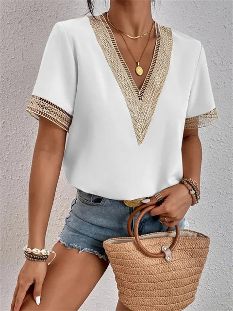 Blouse Col V Manches Courtes Femme Été