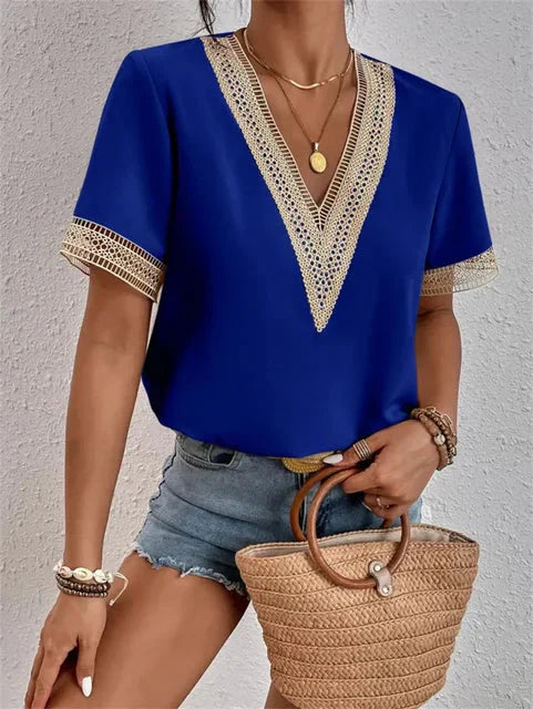 Blouse Col V Manches Courtes Femme Été