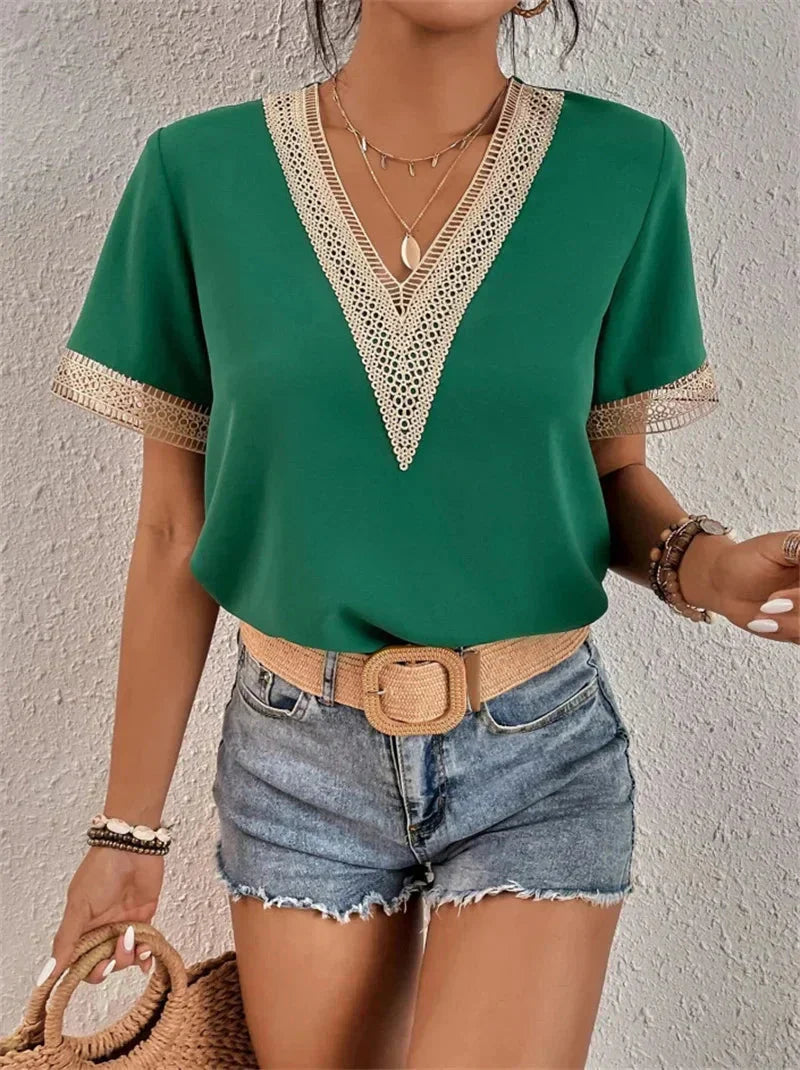Blouse Col V Manches Courtes Femme Été
