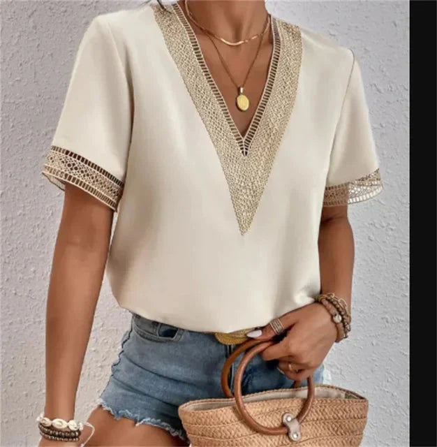 Blouse Col V Manches Courtes Femme Été
