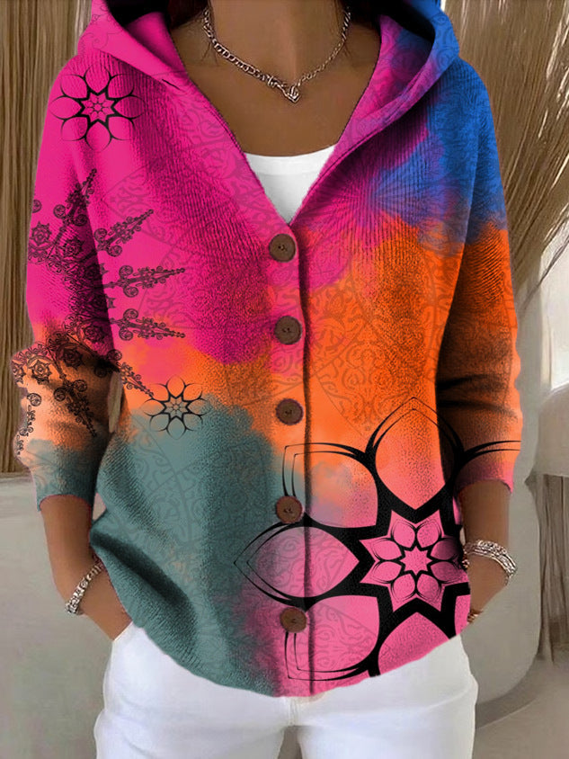 Cardigan à Capuche Boutonné et Imprimé Pour Femme