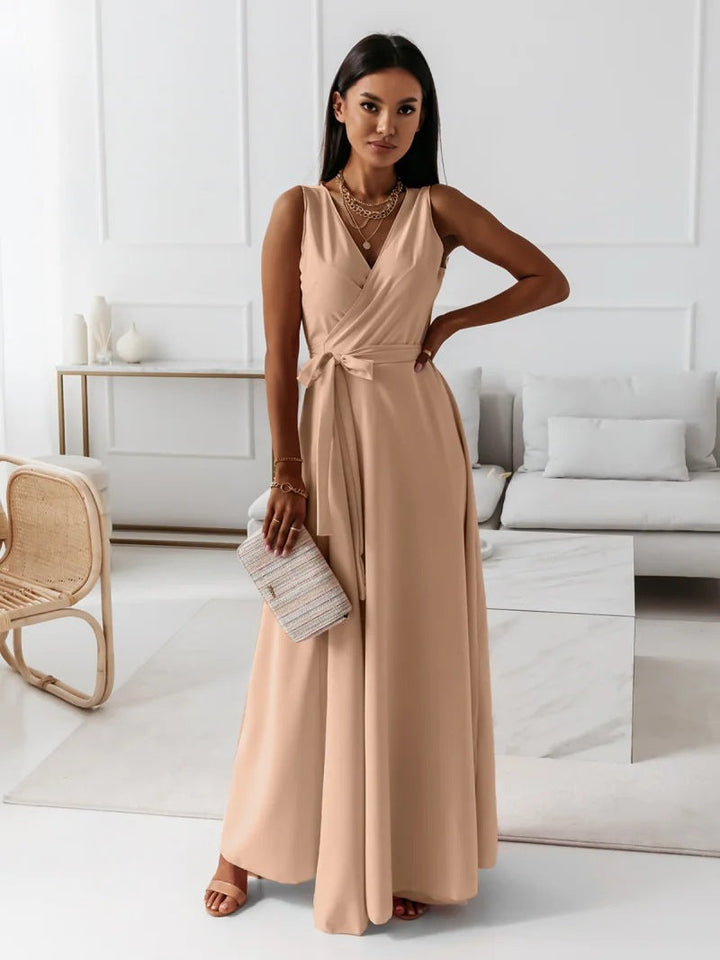 Robe Longue Cache-Cœur Fluide Femme Sans Manches