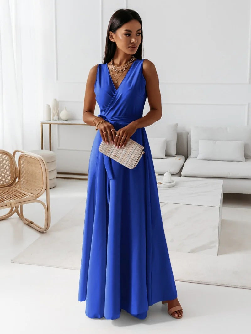 Robe Longue Cache-Cœur Fluide Femme Sans Manches
