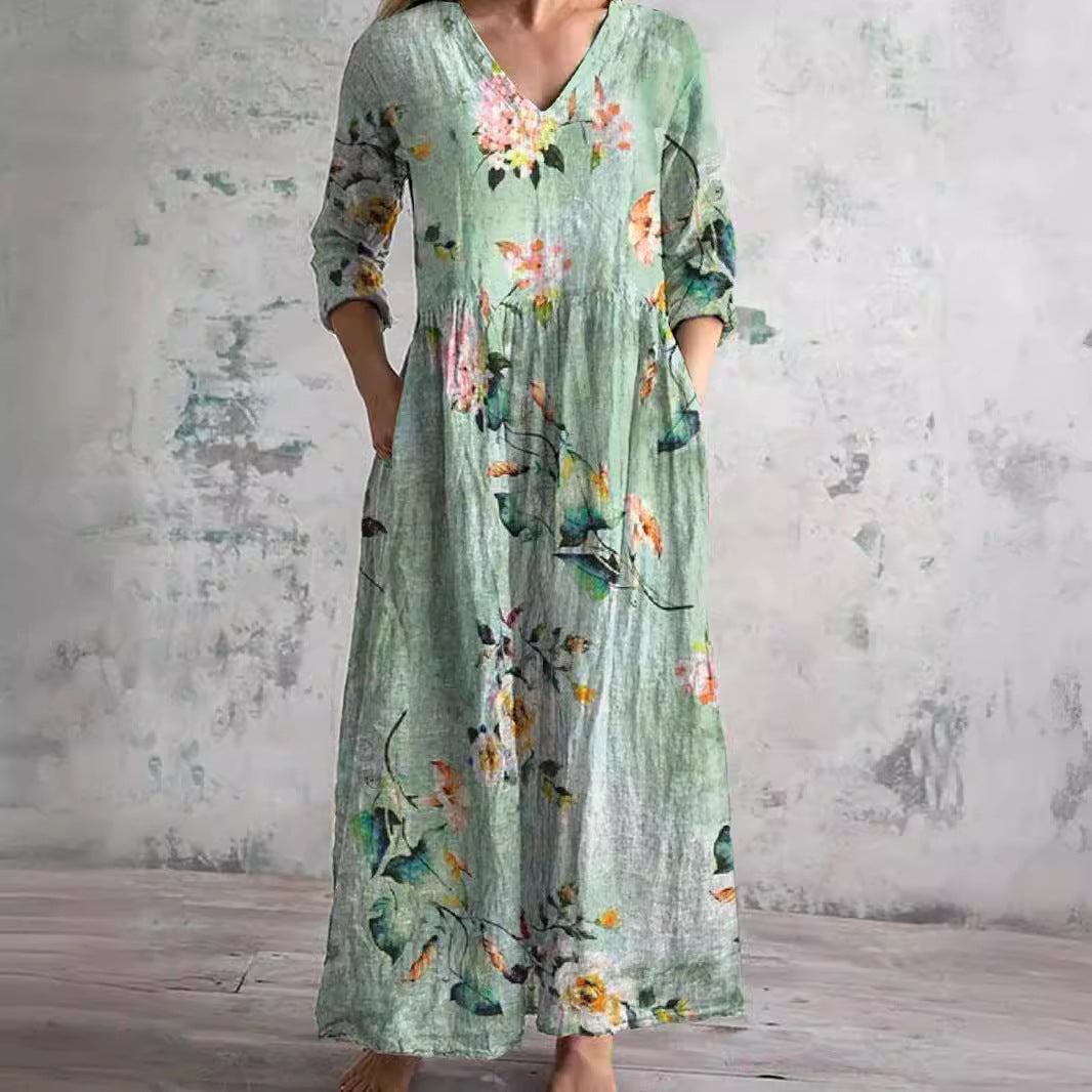 Robe Longue à Manches Longues et Motif Floral Pour Femme