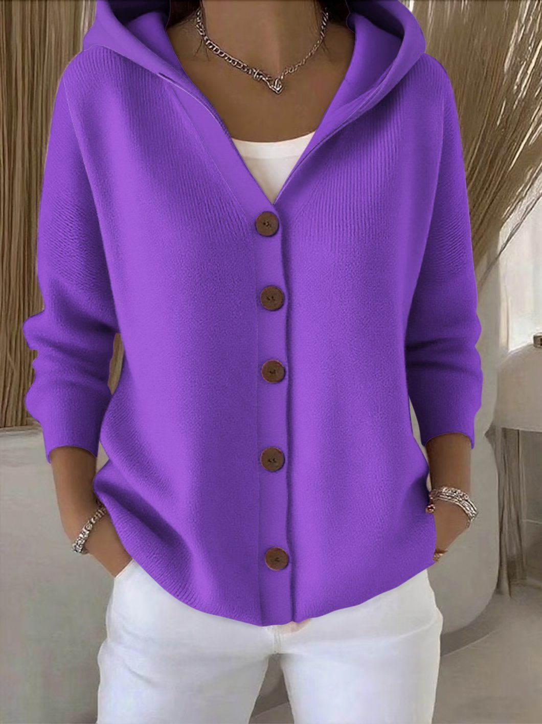 Cardigan à Capuche Boutonné et Imprimé Pour Femme