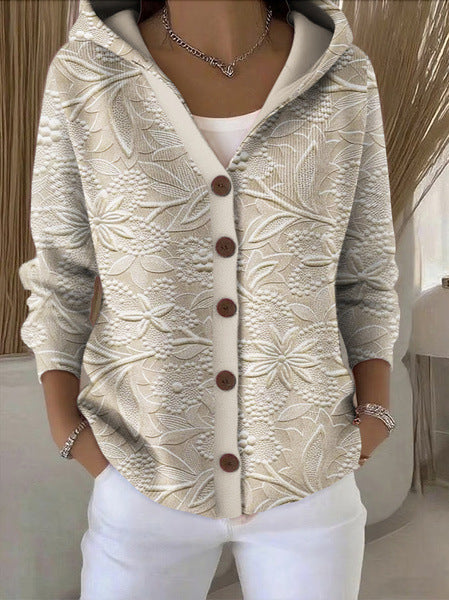 Cardigan à Capuche Boutonné et Imprimé Pour Femme