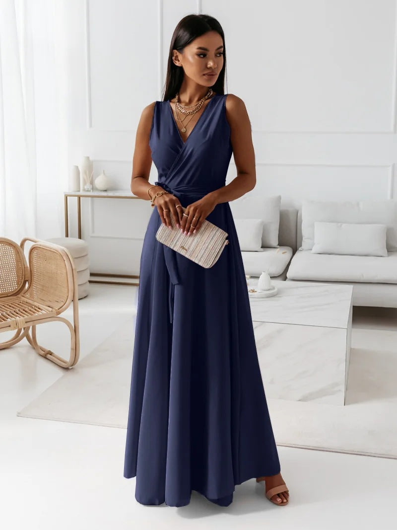 Robe Longue Cache-Cœur Fluide Femme Sans Manches