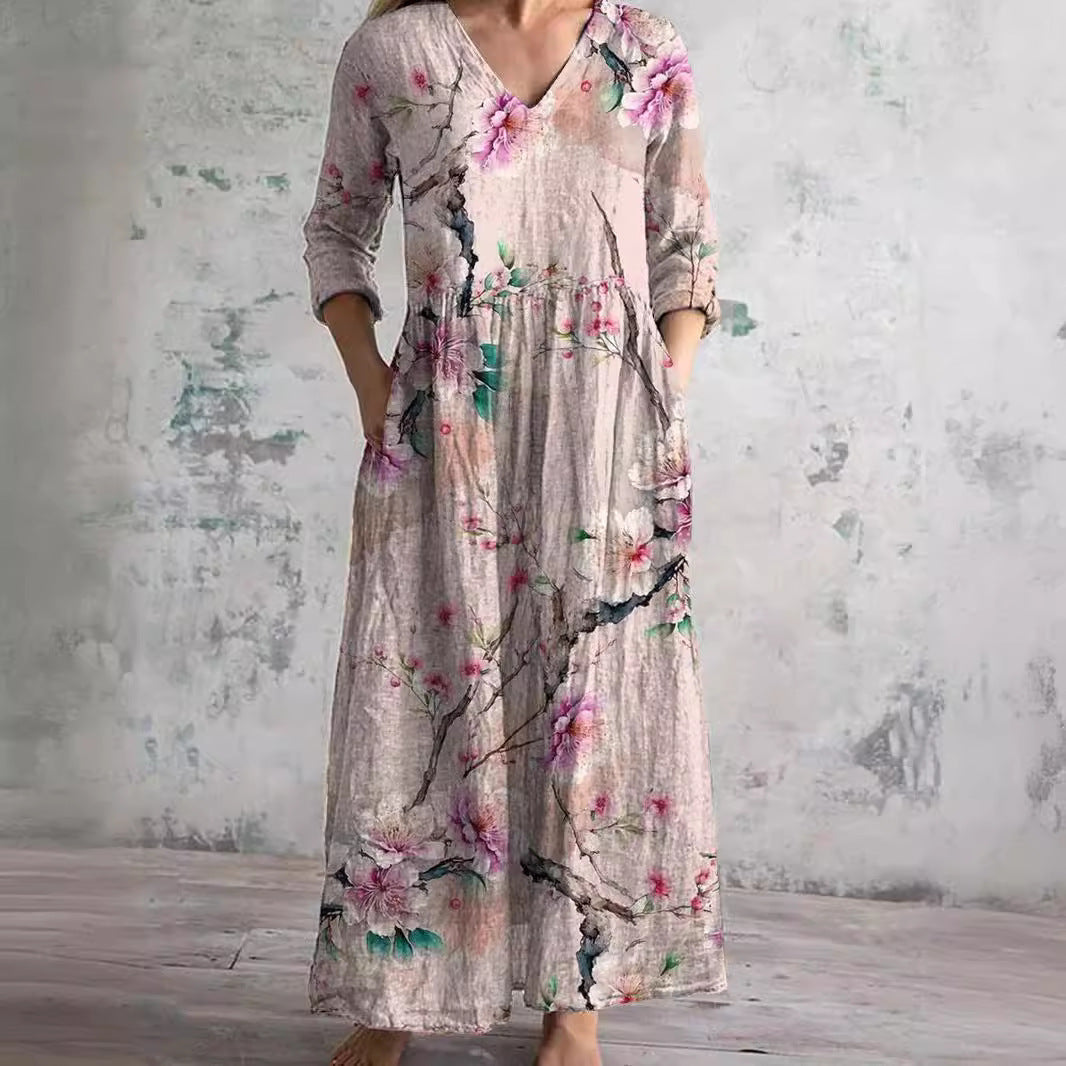 Robe Longue à Manches Longues et Motif Floral Pour Femme