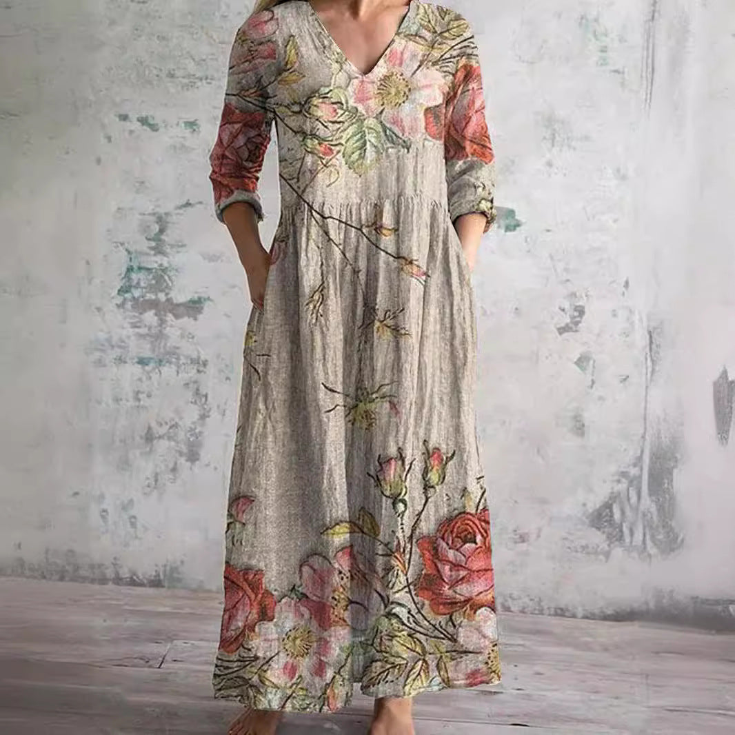 Robe Longue à Manches Longues et Motif Floral Pour Femme