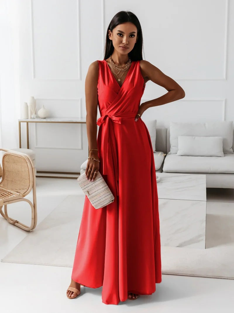 Robe Longue Cache-Cœur Fluide Femme Sans Manches