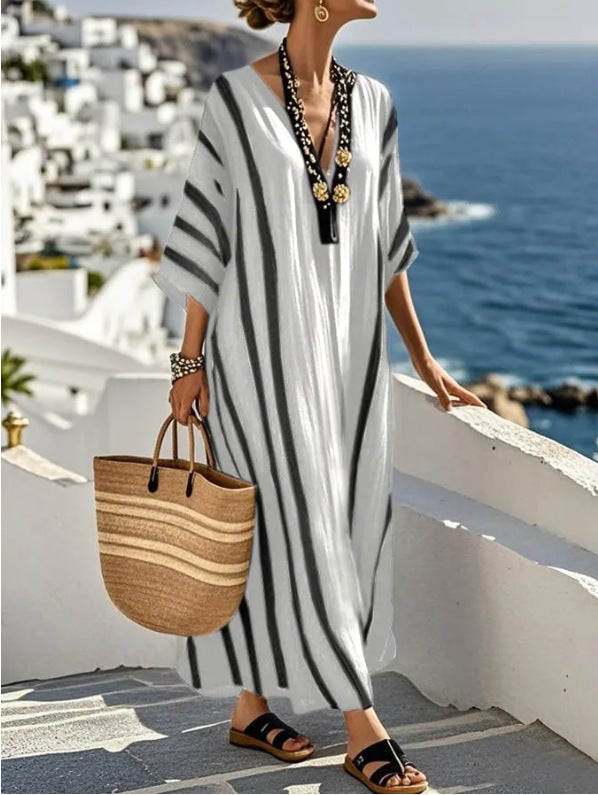 Robe Kaftan Longue Femme Rayée Style Méditerranéen