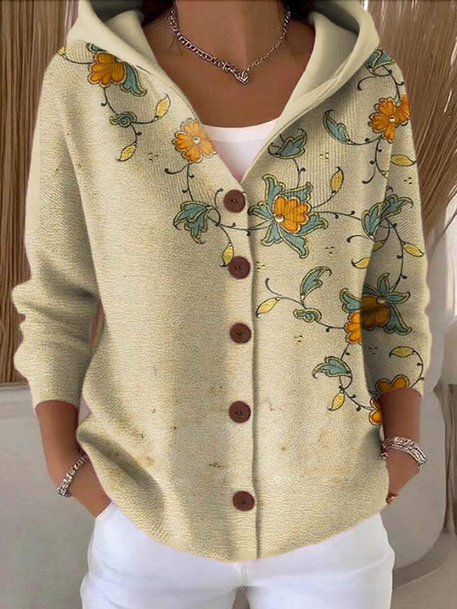 Cardigan à Capuche Boutonné et Imprimé Pour Femme