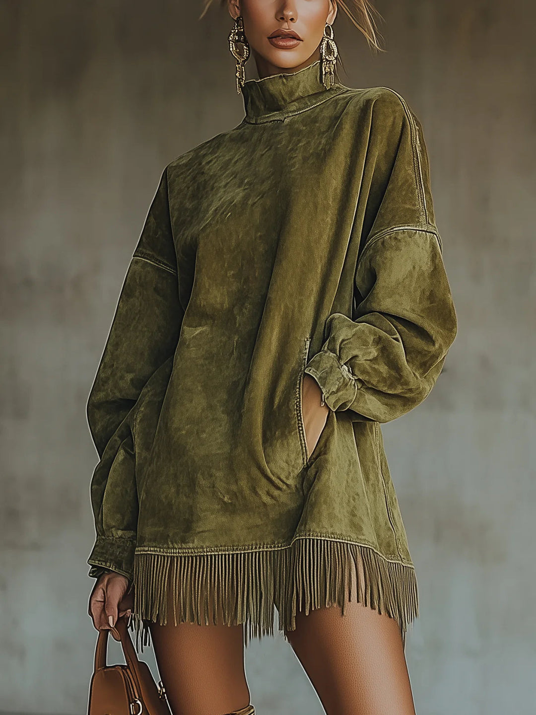 Women's Mini Dress with Fringes and High Neck