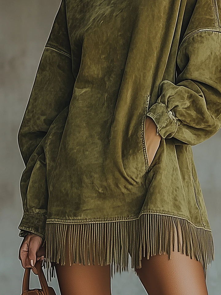 Women's Mini Dress with Fringes and High Neck