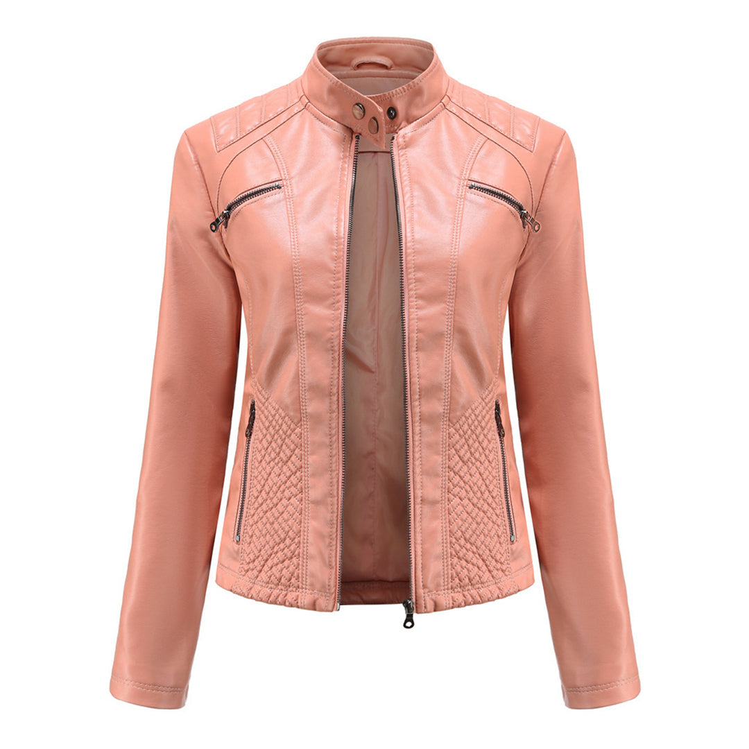 Chaqueta de polipiel para mujer, corte entallado y cuello alto