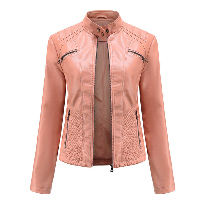 Chaqueta de polipiel para mujer, corte entallado y cuello alto