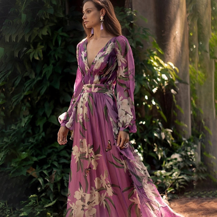 Vestido largo bohemio para mujer con estampado floral y lazo en la cintura