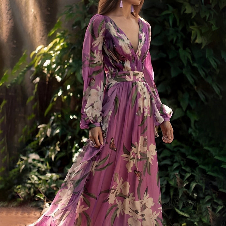 Vestido largo bohemio para mujer con estampado floral y lazo en la cintura