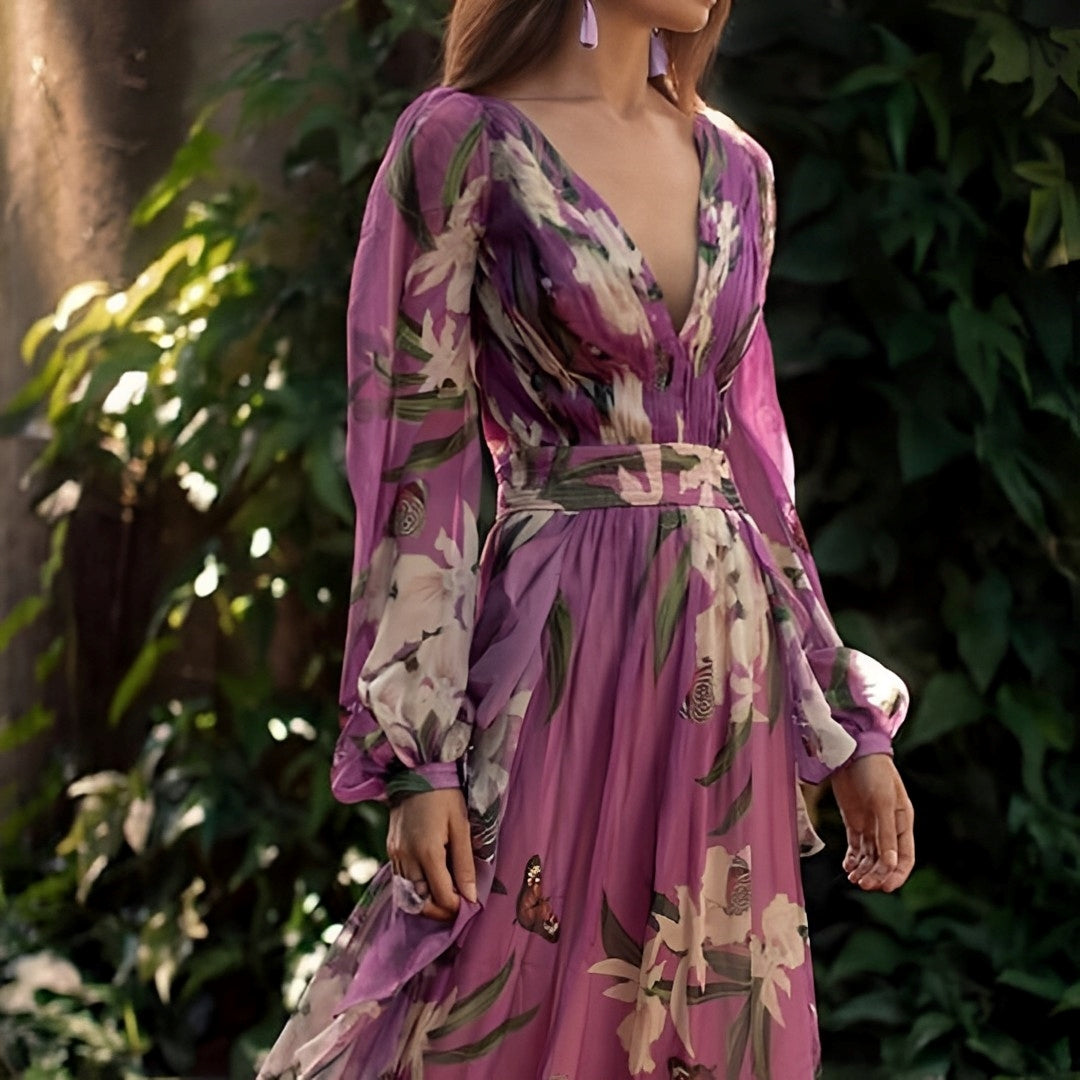 Vestido largo bohemio para mujer con estampado floral y lazo en la cintura