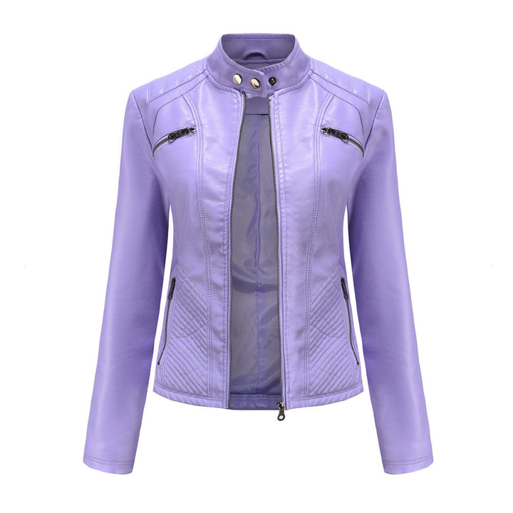 Chaqueta de polipiel para mujer, corte entallado y cuello alto