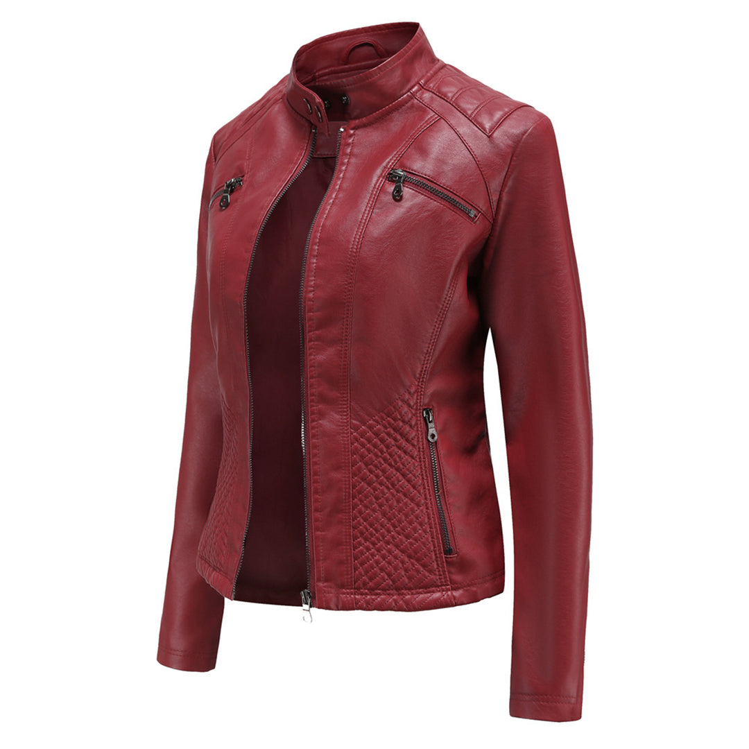 Chaqueta de polipiel para mujer, corte entallado y cuello alto