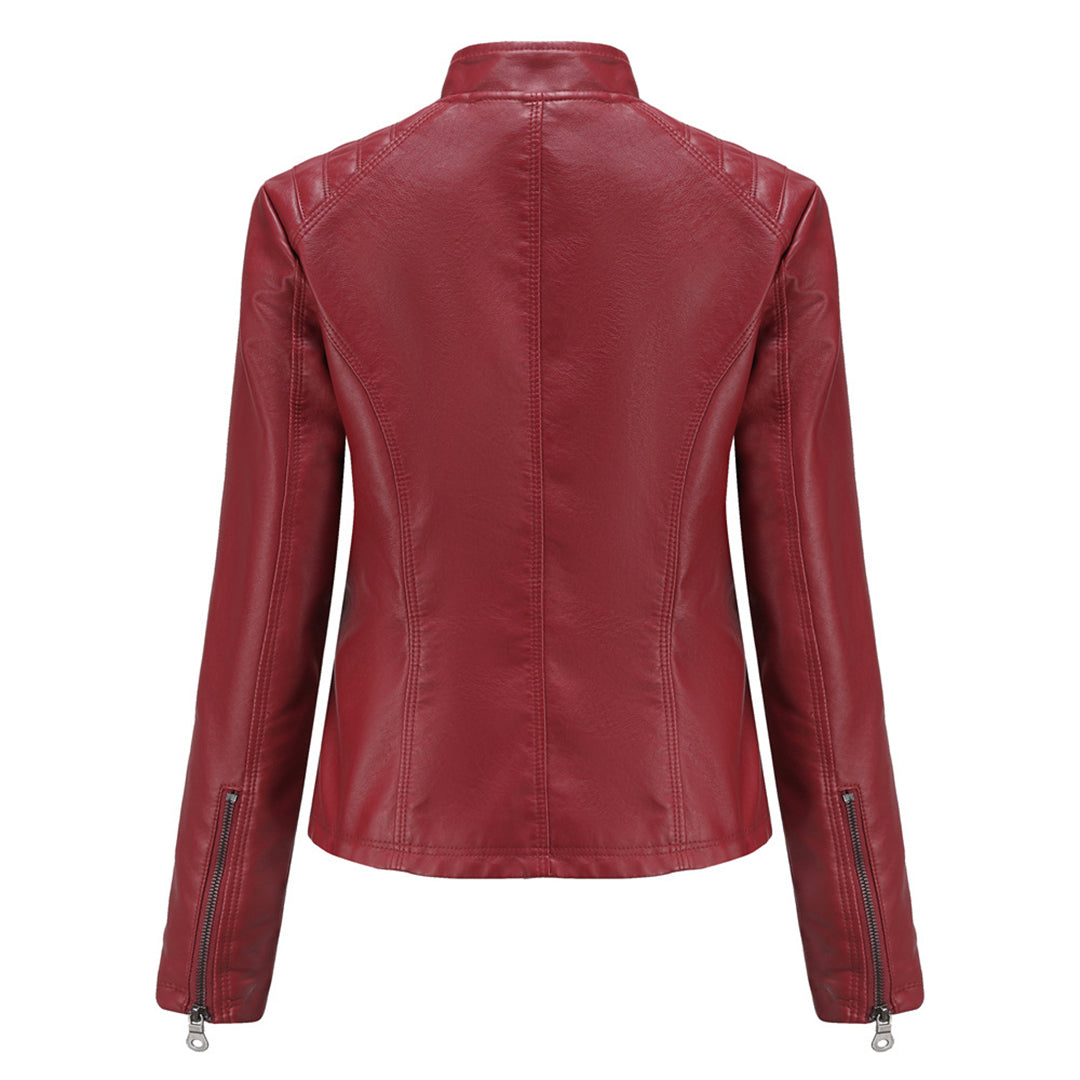Chaqueta de polipiel para mujer, corte entallado y cuello alto