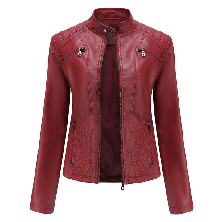 Chaqueta de polipiel para mujer, corte entallado y cuello alto