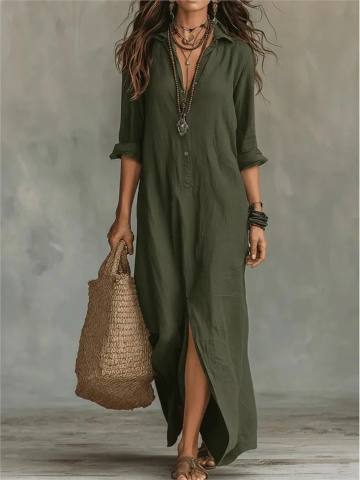 Robe Longue Col V Femme Manches 3/4