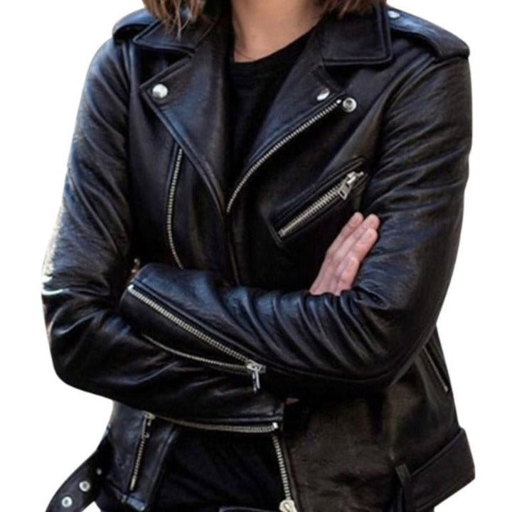 Blouson de Motard Zippé en Similicuir Pour Femme