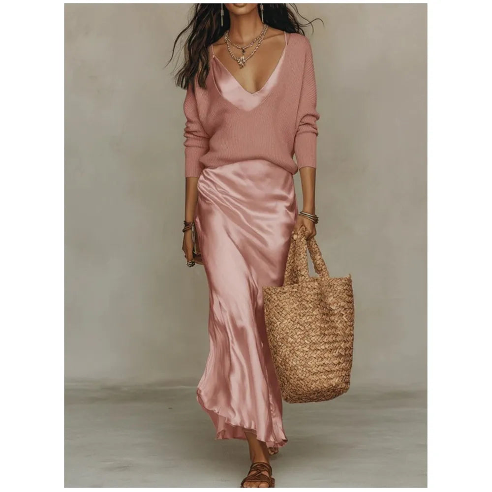 Haut en Maille et Élégante Robe Longue en Satin Pour Femme
