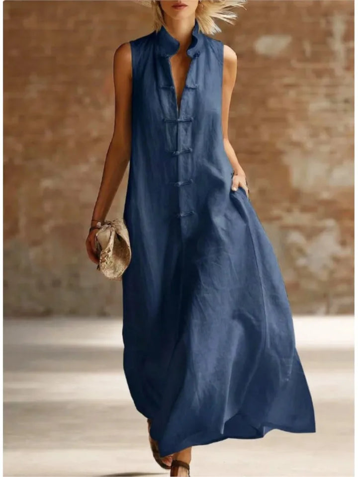 Robe Maxi Femme Sans Manches Col Chemise