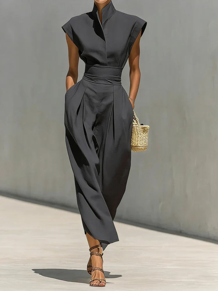 Robe Midi Fluide Col Montant Pour Femme