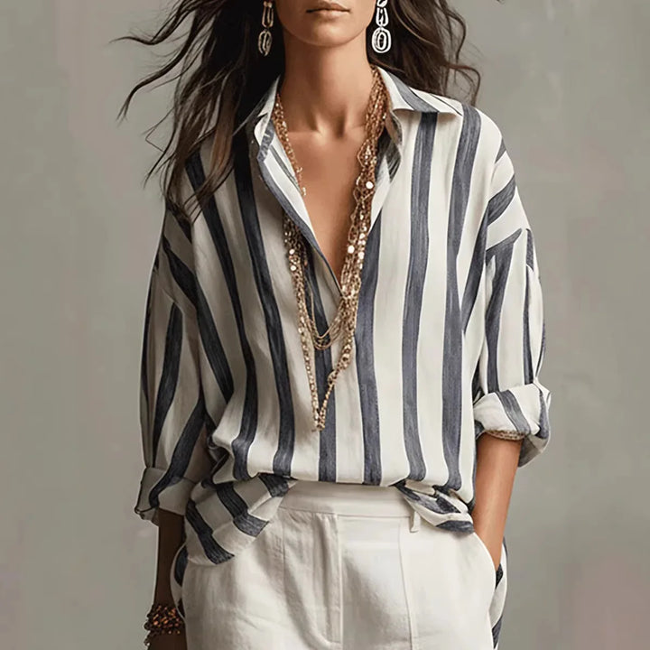 Striped Button-Up Shirt for Women, Relaxed Fit