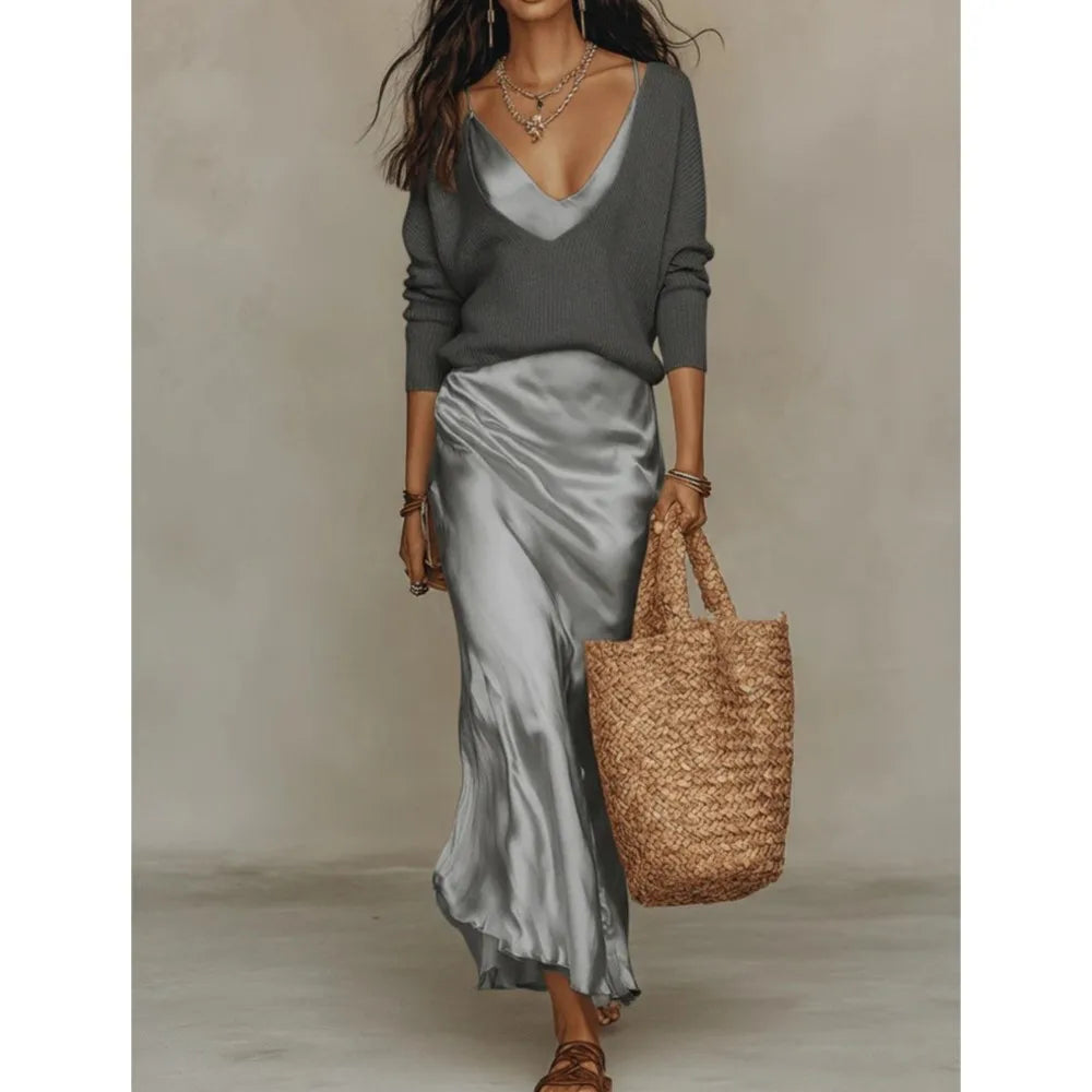 Haut en Maille et Élégante Robe Longue en Satin Pour Femme