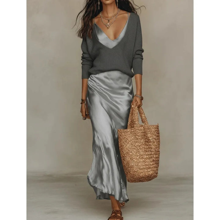 Haut en Maille et Élégante Robe Longue en Satin Pour Femme