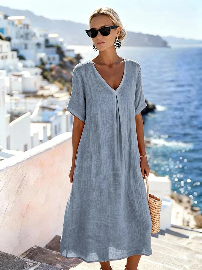 Robe Midi Femme Col V Manches Courtes Fluide