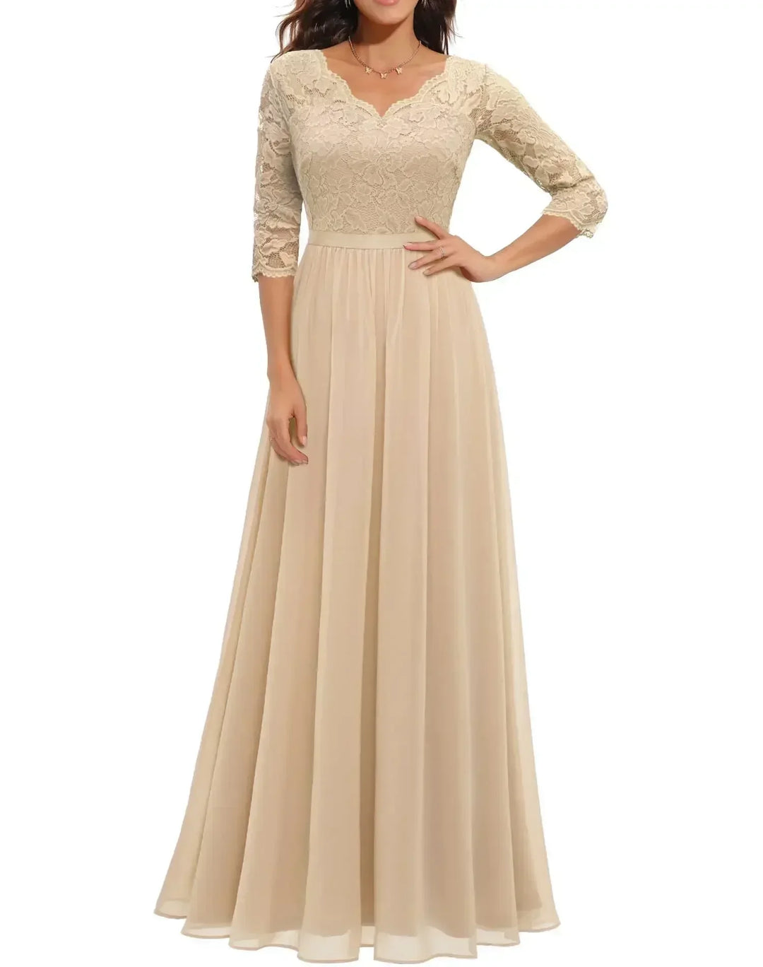 Robe Longue Élégante en Dentelle avec Décolleté en V Pour Femme