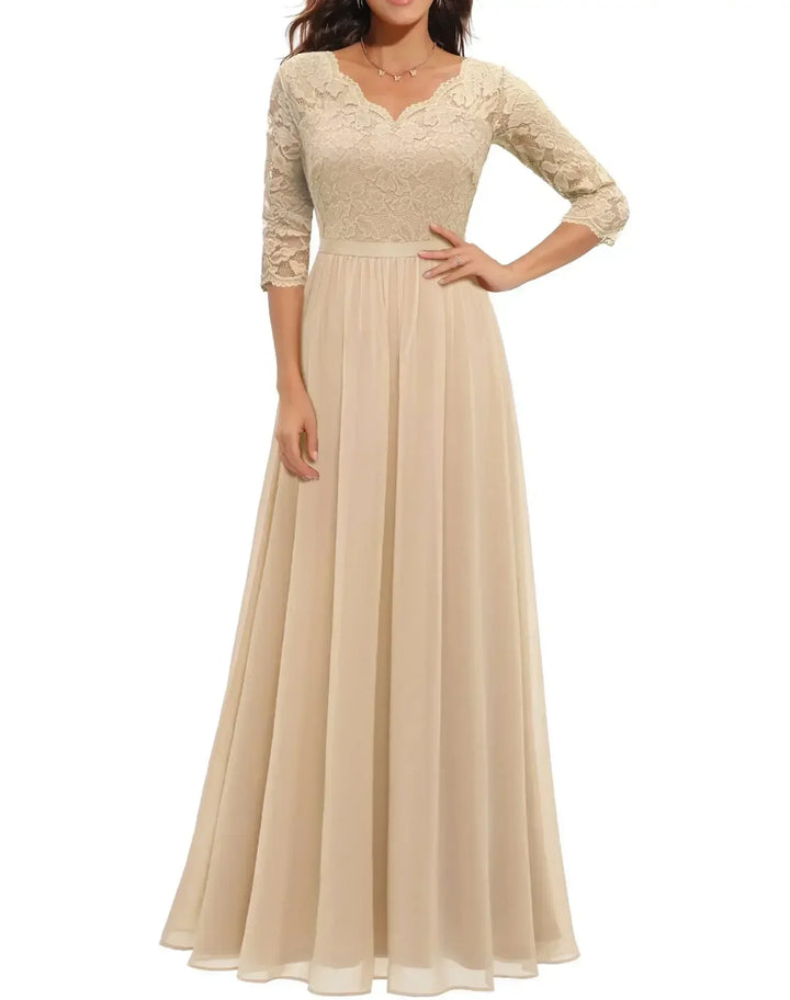 Robe Longue Élégante en Dentelle avec Décolleté en V Pour Femme