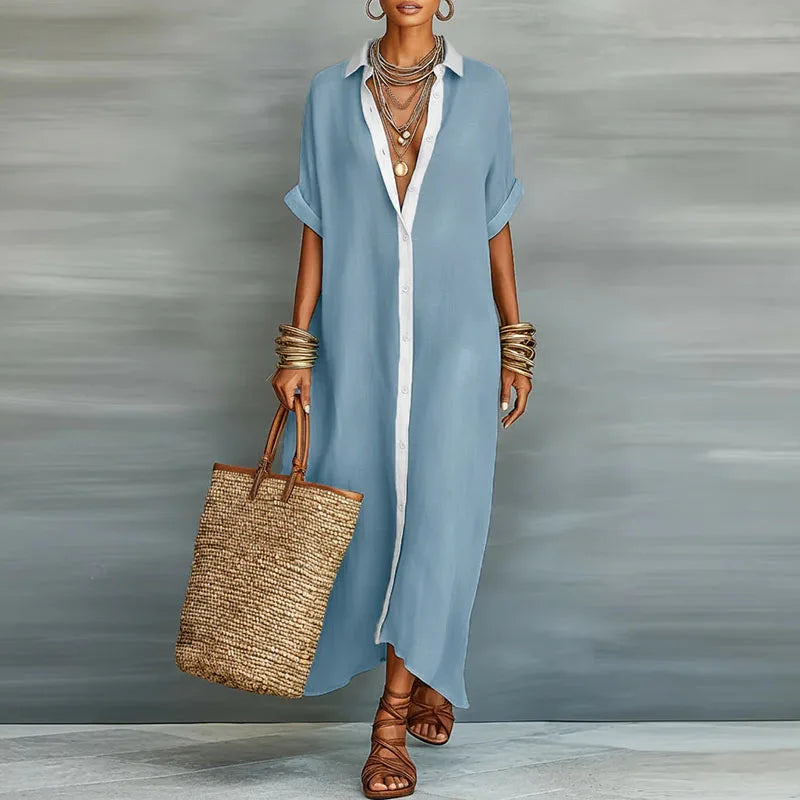 Robe Chemise Longue Fluide Femme Boutonnée