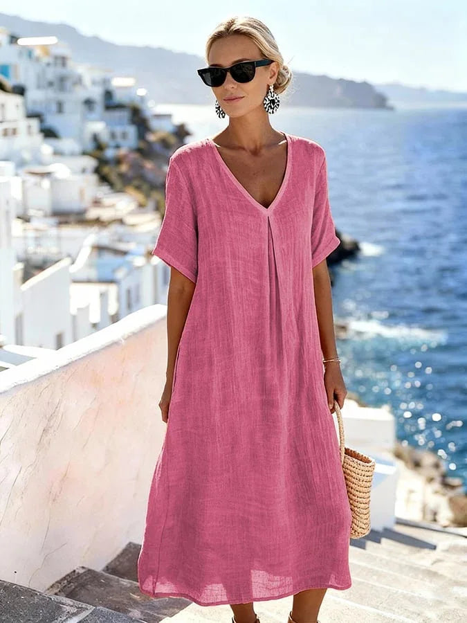 Robe Midi Femme Col V Manches Courtes Fluide
