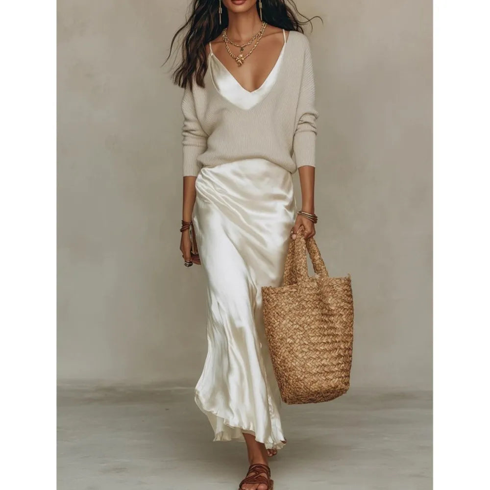 Haut en Maille et Élégante Robe Longue en Satin Pour Femme