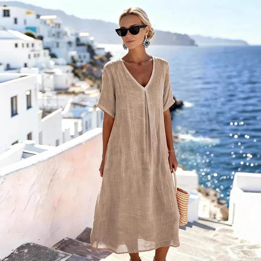 Robe Midi Femme Col V Manches Courtes Fluide