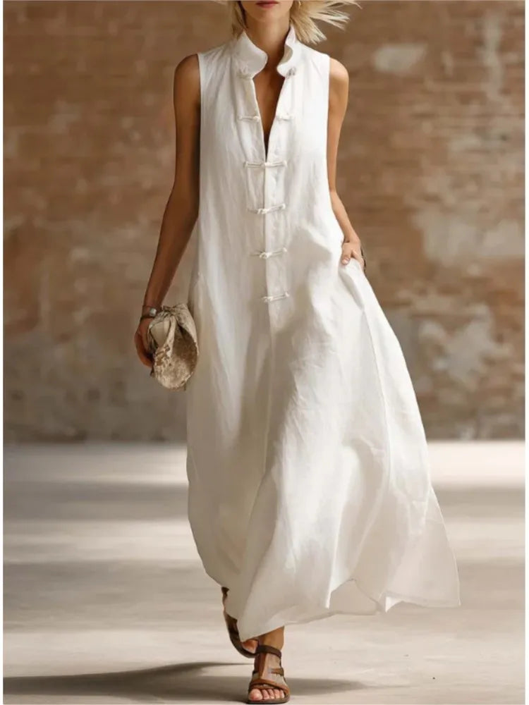 Robe Maxi Femme Sans Manches Col Chemise