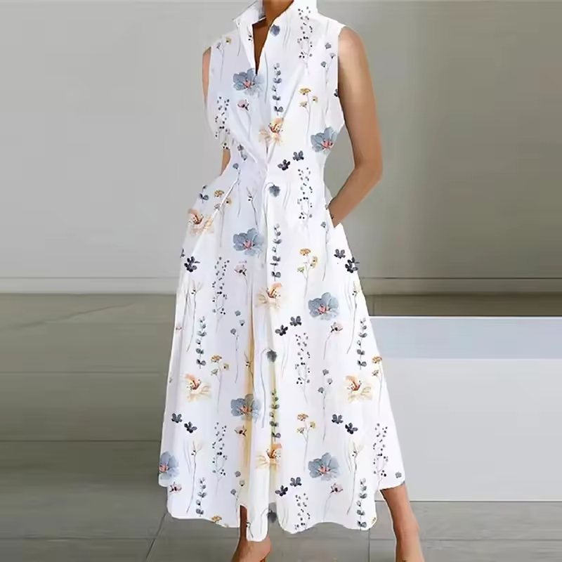 Robe Chemise Longue Femme Taille Cintrée Boutonnée