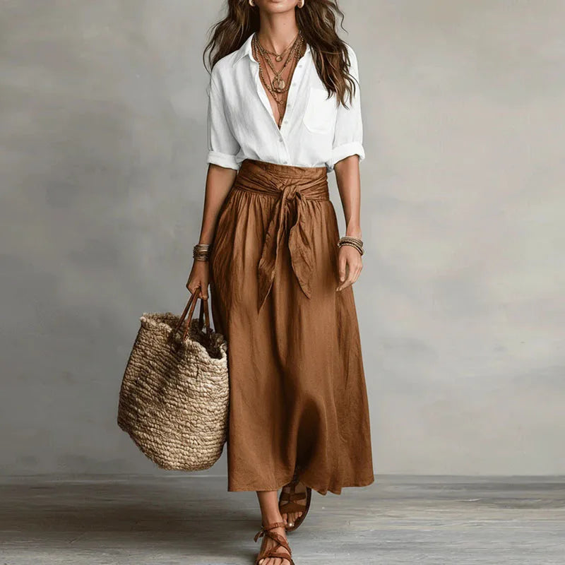 Ensemble Femme Chemisier et Jupe Midi Taille Haute