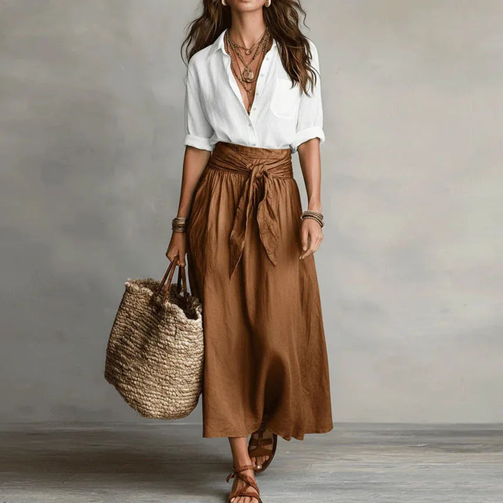 Ensemble Femme Chemisier et Jupe Midi Taille Haute