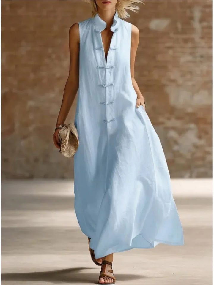Robe Maxi Femme Sans Manches Col Chemise